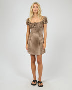 Wynn Gingham Puff-Sleeve Mini Dress – Brown in Brown by Aurelia Sun