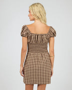 Wynn Gingham Puff-Sleeve Mini Dress – Brown in Brown by Aurelia Sun