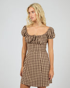 Wynn Gingham Puff-Sleeve Mini Dress – Brown in Brown by Aurelia Sun