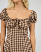 Wynn Gingham Puff-Sleeve Mini Dress – Brown in Brown by Aurelia Sun