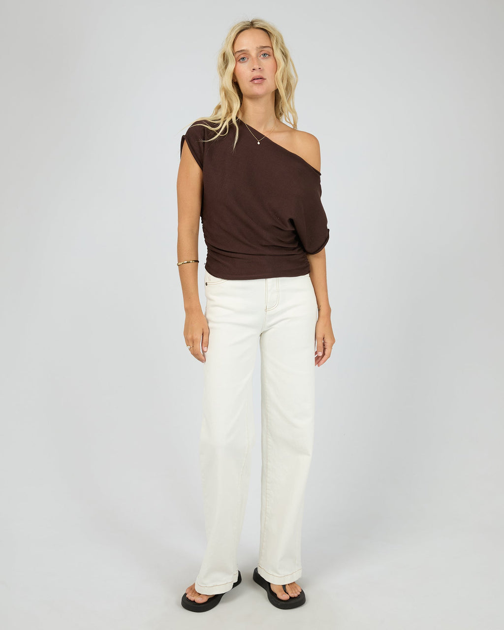 Orla Asymmetric Off-Shoulder Knit Top – Brown in Brown by Aurelia Sun