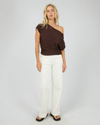 Orla Asymmetric Off-Shoulder Knit Top – Brown in Brown by Aurelia Sun