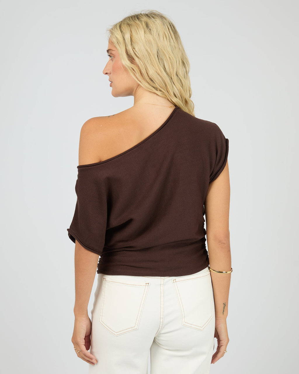 Orla Asymmetric Off-Shoulder Knit Top – Brown in Brown by Aurelia Sun