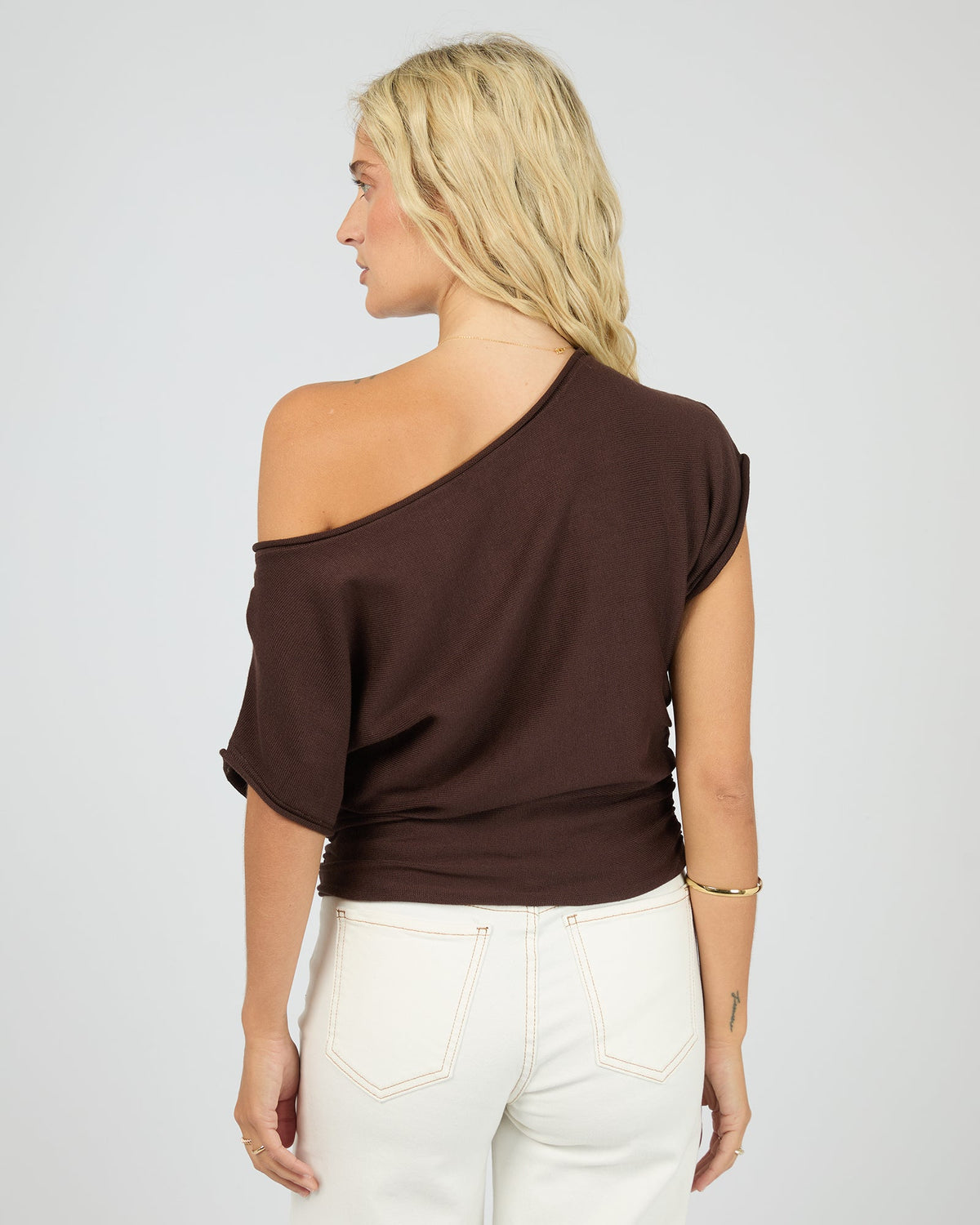 Orla Asymmetric Off-Shoulder Knit Top – Brown in Brown by Aurelia Sun