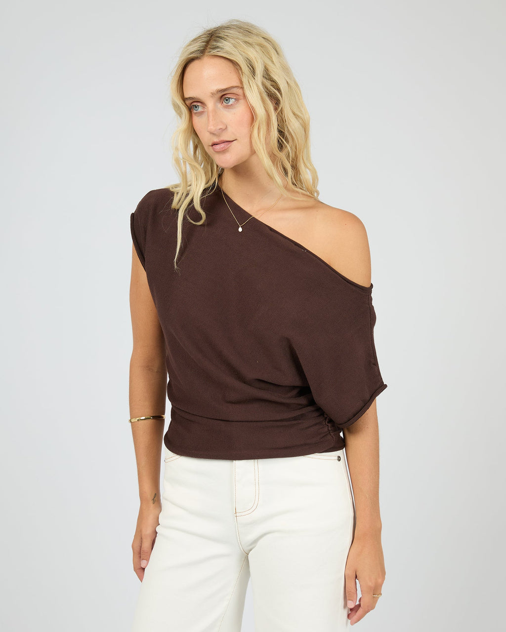 Orla Asymmetric Off-Shoulder Knit Top – Brown in Brown by Aurelia Sun