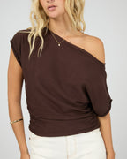 Orla Asymmetric Off-Shoulder Knit Top – Brown in Brown by Aurelia Sun