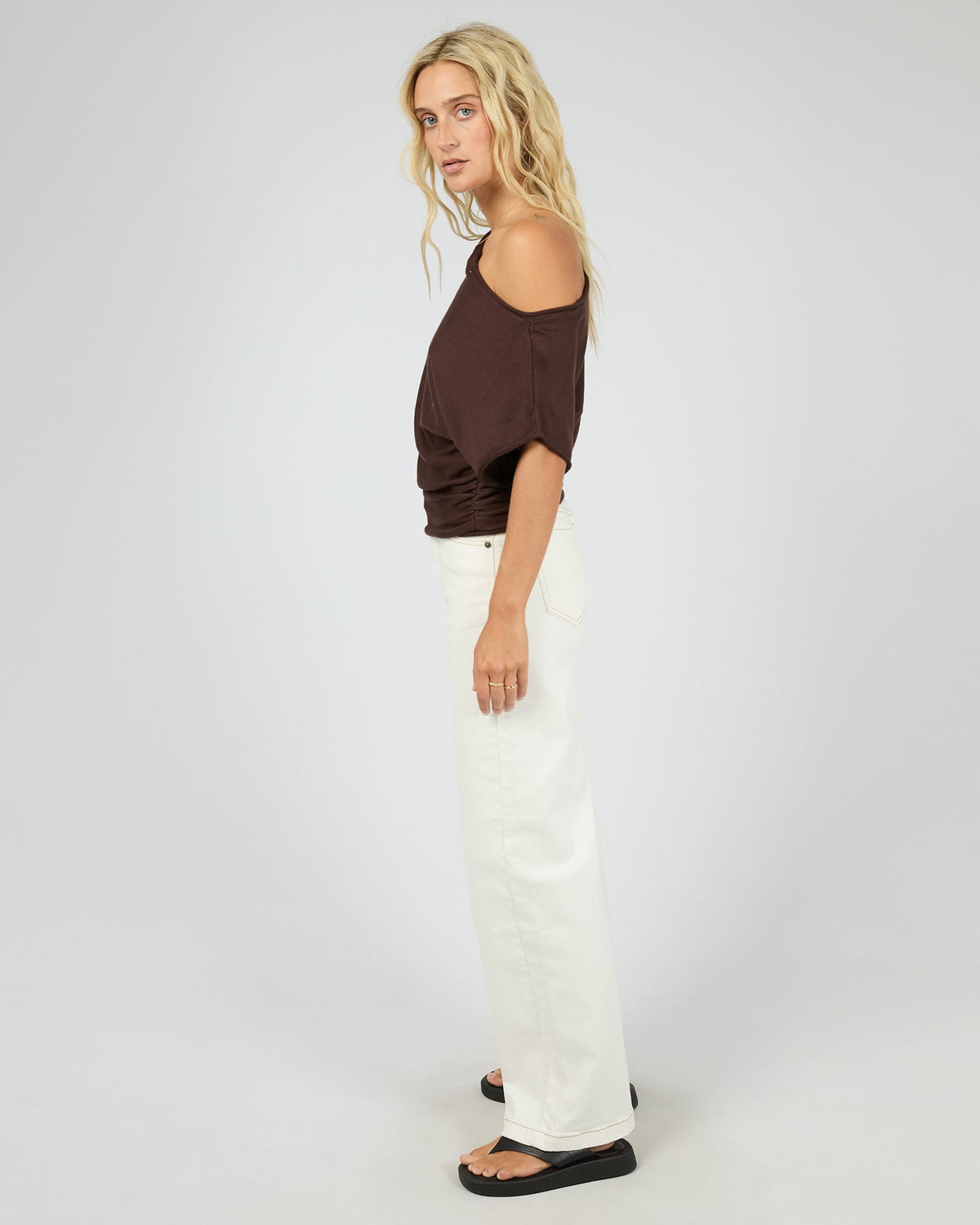 Orla Asymmetric Off-Shoulder Knit Top – Brown in Brown by Aurelia Sun