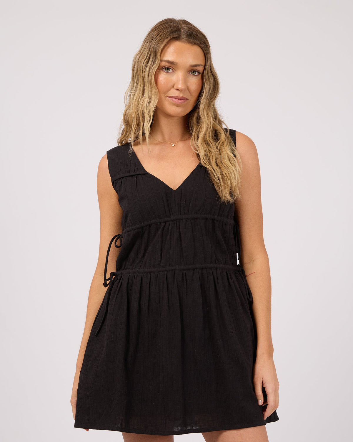 Heidi Ruched Cotton-Linen Mini Dress – Black in Black by Aurelia Sun