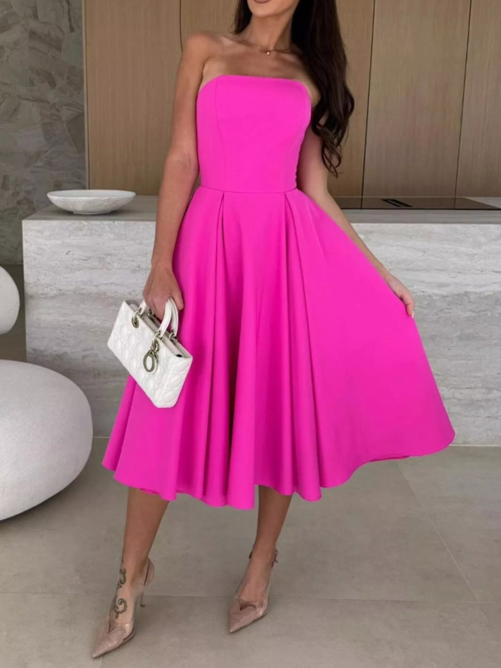 Women's Strapless Ruched Midi Dress – Pink