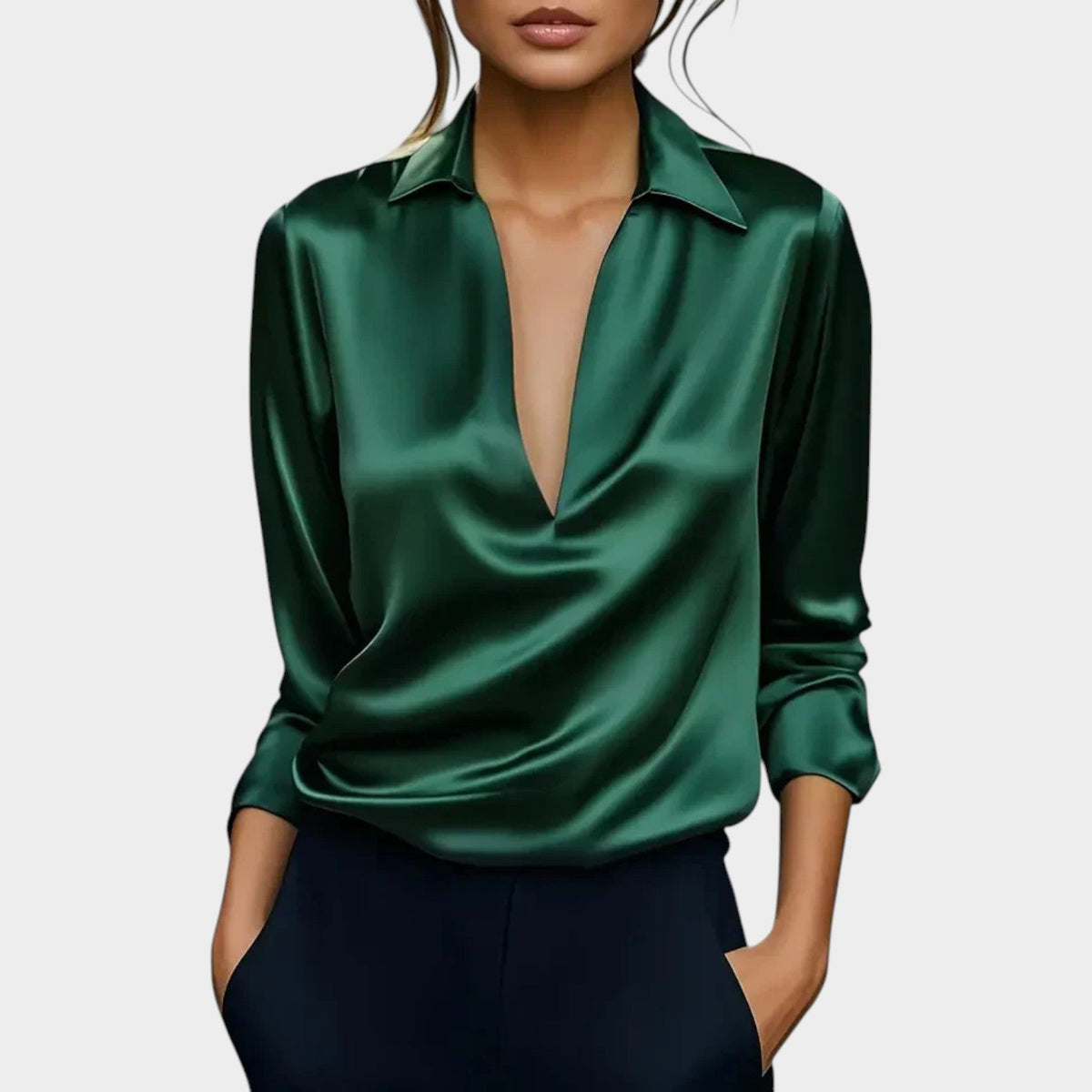 Seraphina Satin V-Neck Blouse in Green by Aurelia Sun