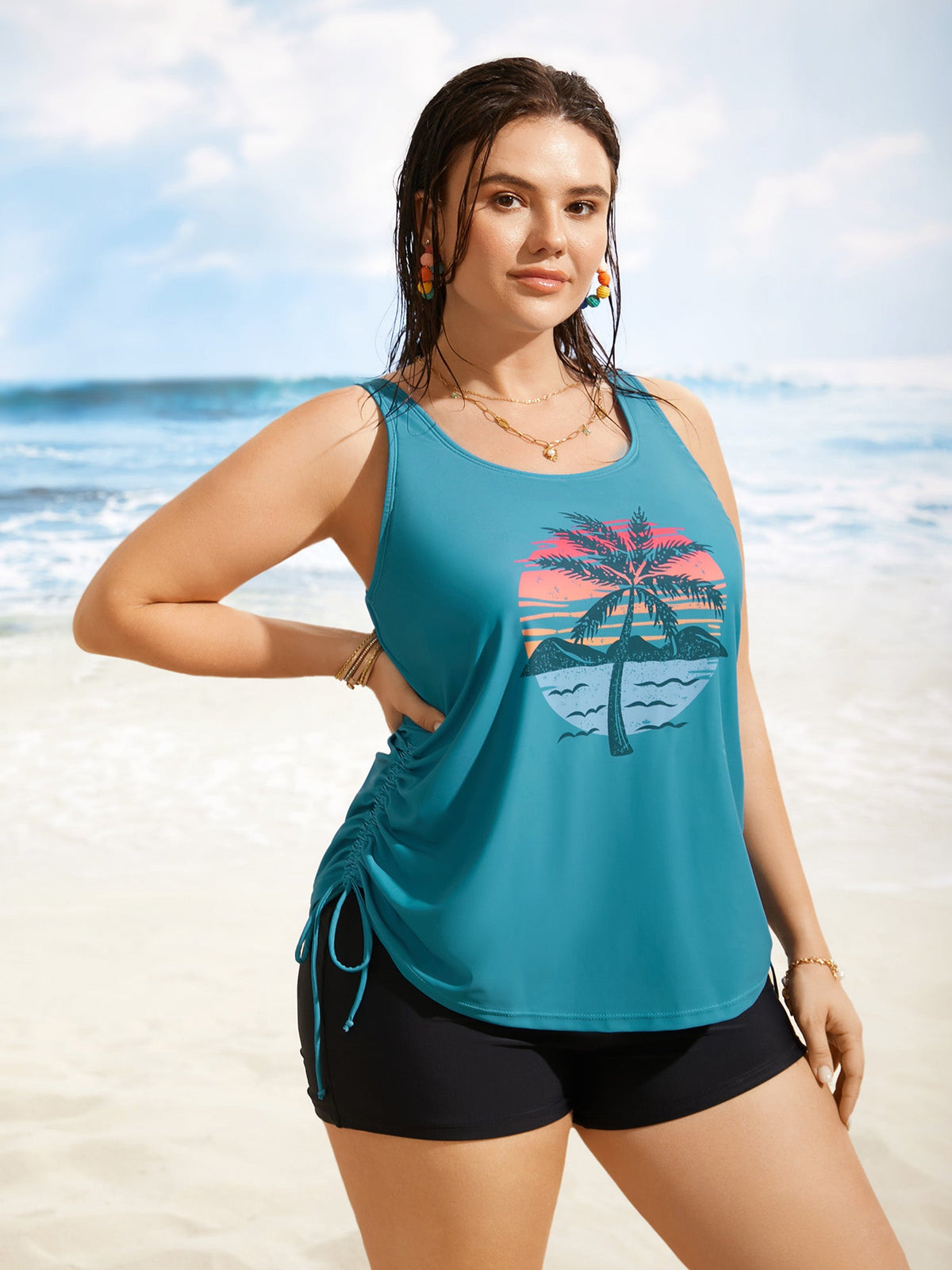 Plus Size Tropical Drawstring Swim Top
