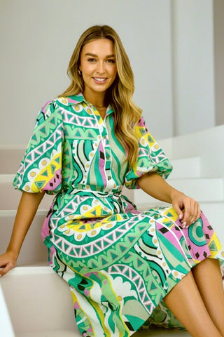 Leah Printed Midi Shirt Dress – Mint