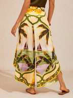 Hawaii Palm Satin Wrap Wide-Leg Pants in Peacock Blue by Aurelia Sun