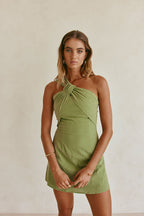 One-Shoulder Cotton Mini Dress — Green