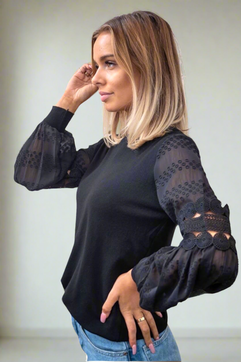 Molli Lace-Sleeve Knit Jumper – Black by Aurelia Sun