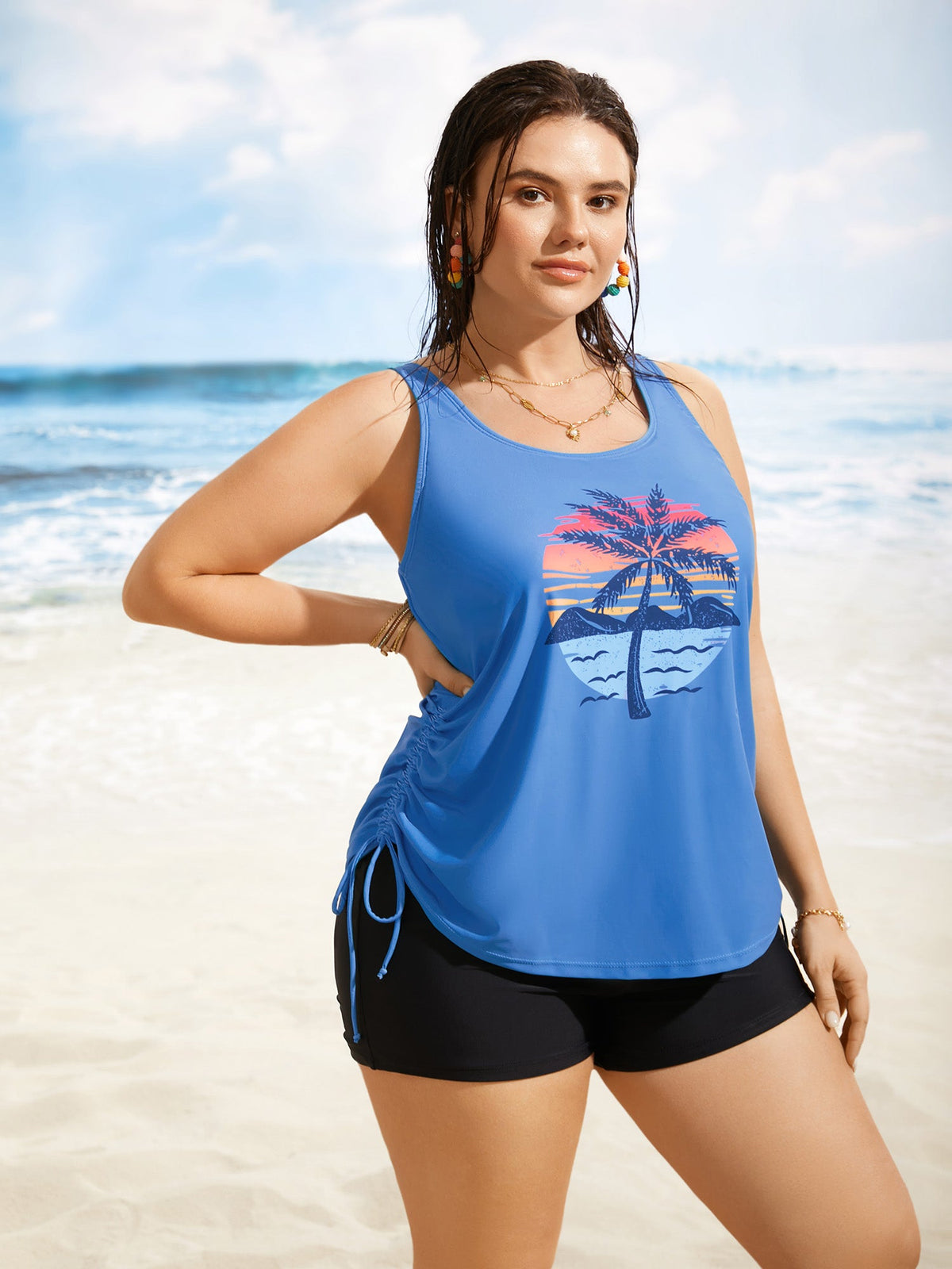 Plus Size Tropical Drawstring Swim Top