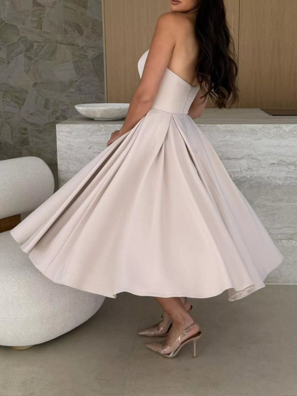 Women's Strapless Ruched Midi Dress – Beige