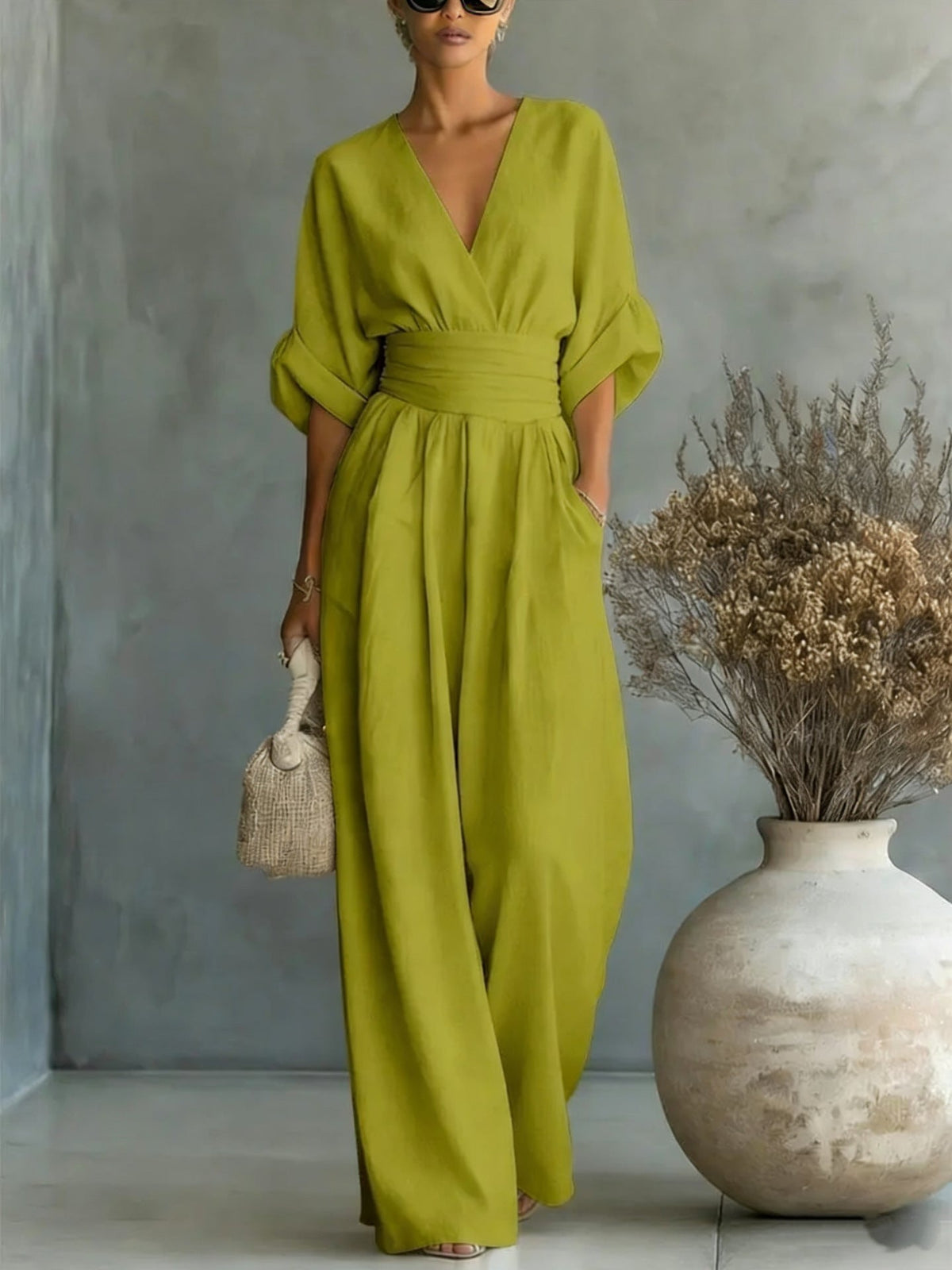 Women's V-Neck Wide-Leg Jumpsuit – Yellow