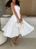 Women's Strapless Ruched Midi Dress – White