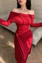 Women's Off-Shoulder Ruched Maxi Dress – Red