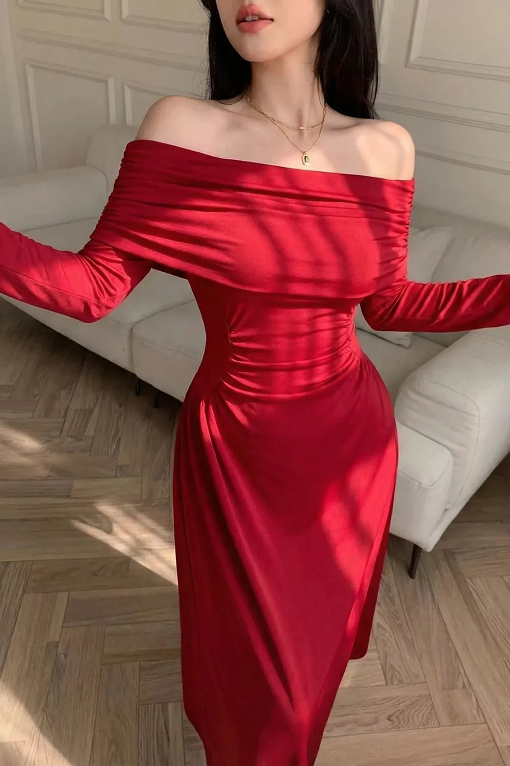 Women's Off-Shoulder Ruched Maxi Dress – Red
