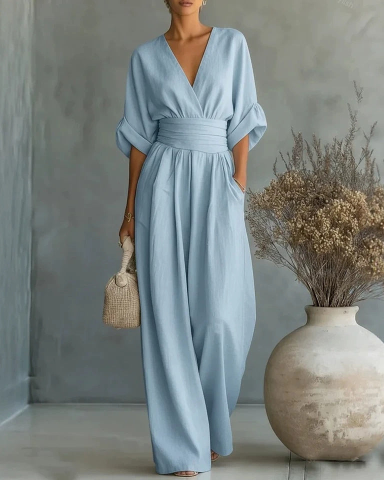 Women's V-Neck Wide-Leg Jumpsuit – Light Blue