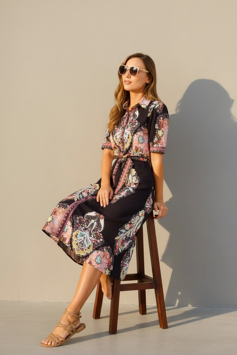 Gidget Embroidered Print Maxi Shirt Dress – Black by Aurelia Sun