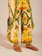 Hawaii Palm Satin Wrap Wide-Leg Pants in Golden Yellow by Aurelia Sun