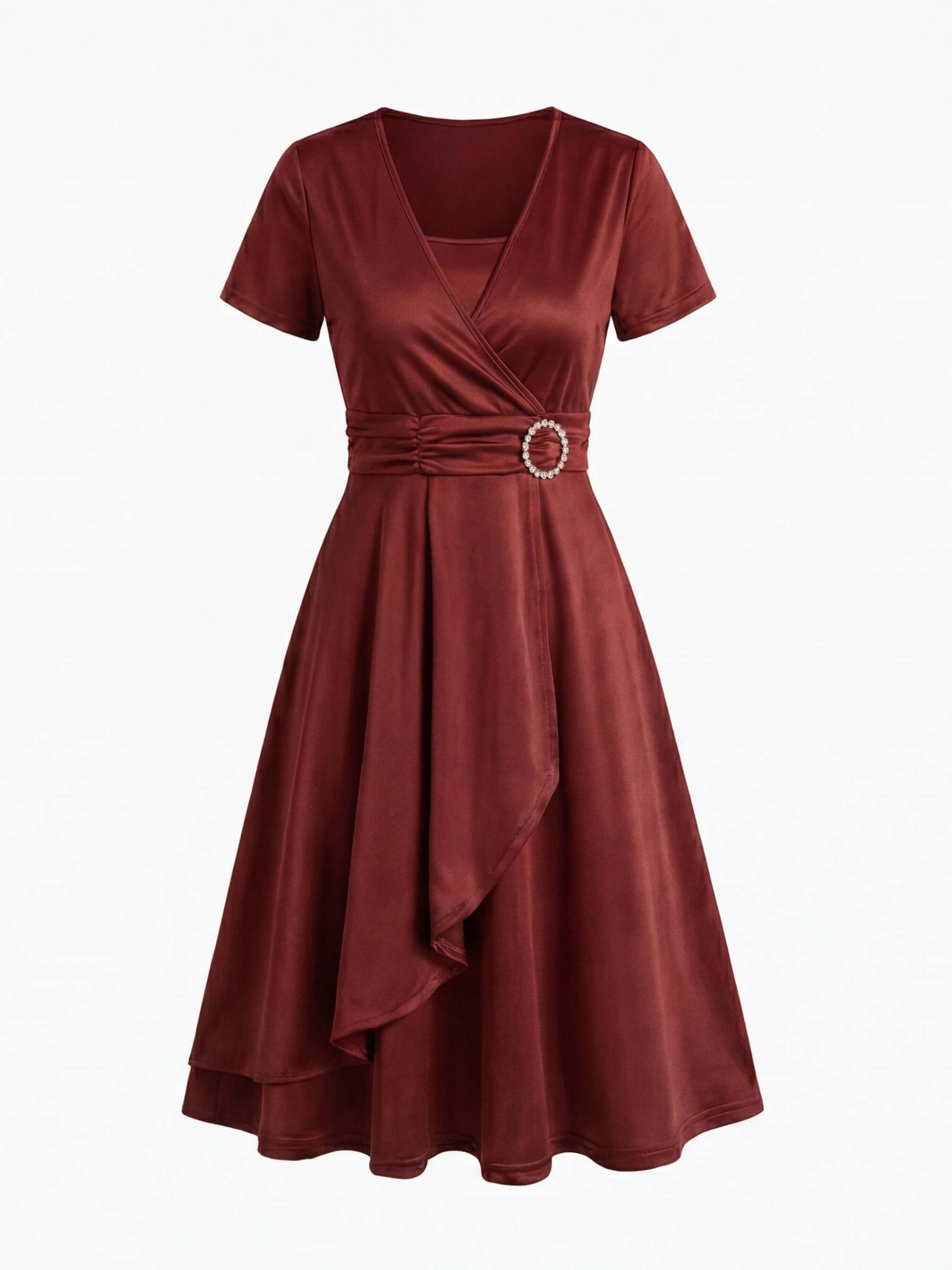 Rhinestone-Waist Asymmetric Midi Dress