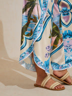 Hawaii Palm Satin Wrap Wide-Leg Pants in Peacock Blue by Aurelia Sun