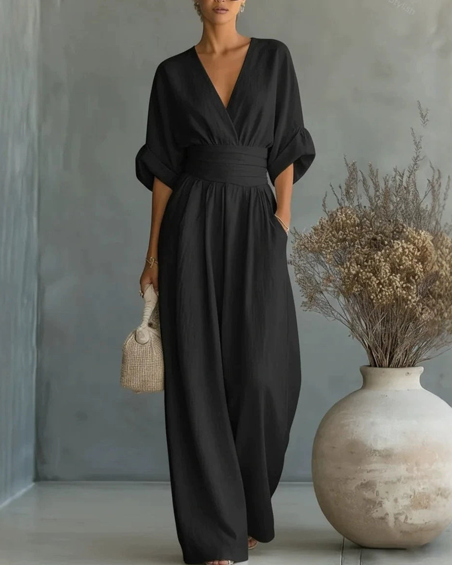 Women's V-Neck Wide-Leg Jumpsuit – White
