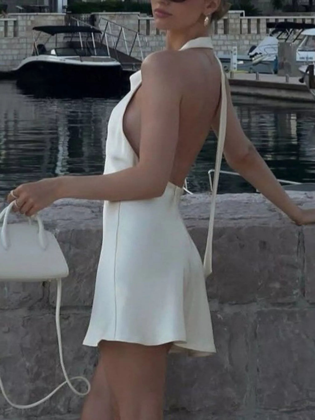 Women's Halter Neck Backless Mini Dress – Beige