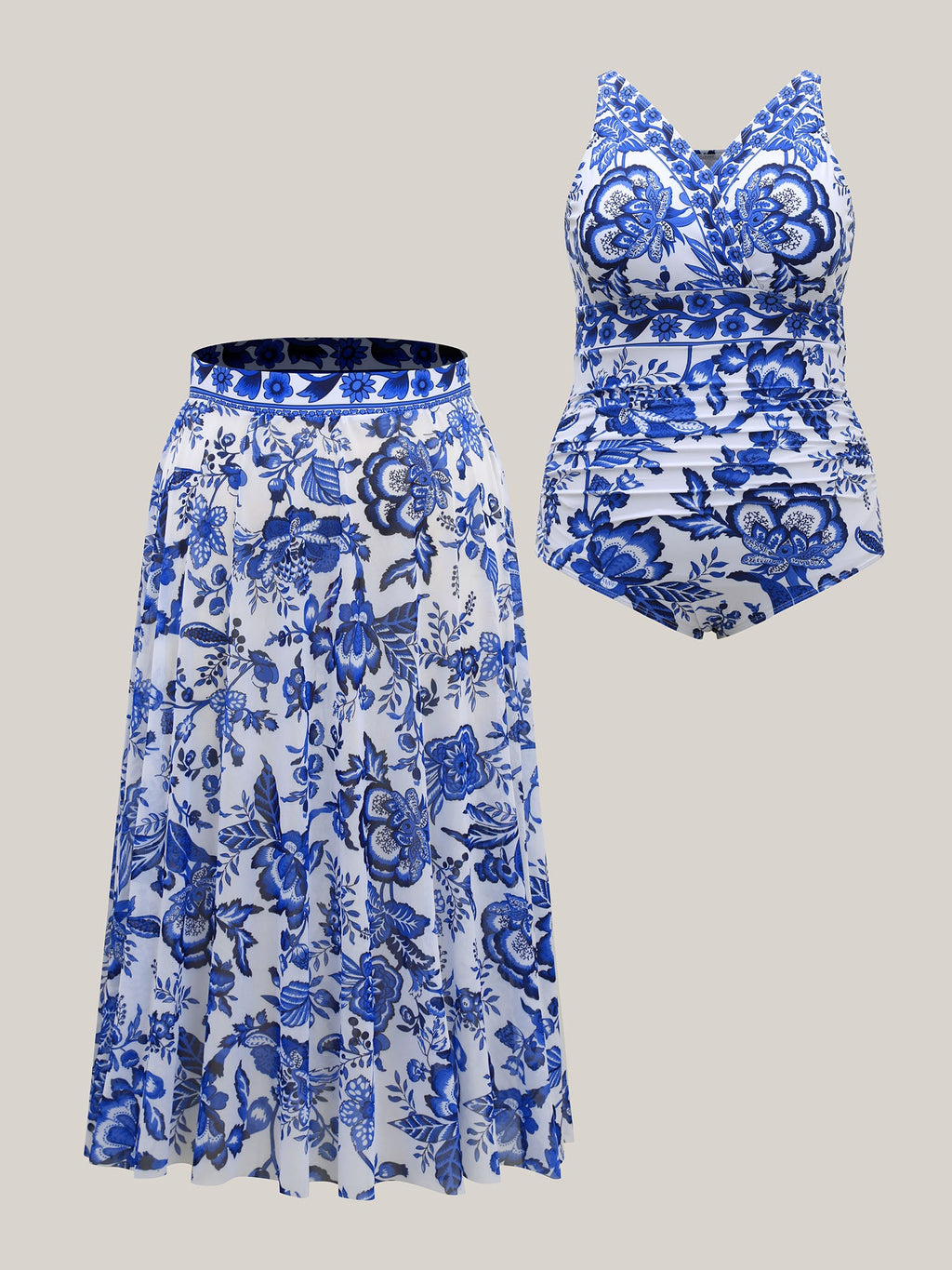 Plus Size Floral Swimsuit & Mesh Sarong Set
