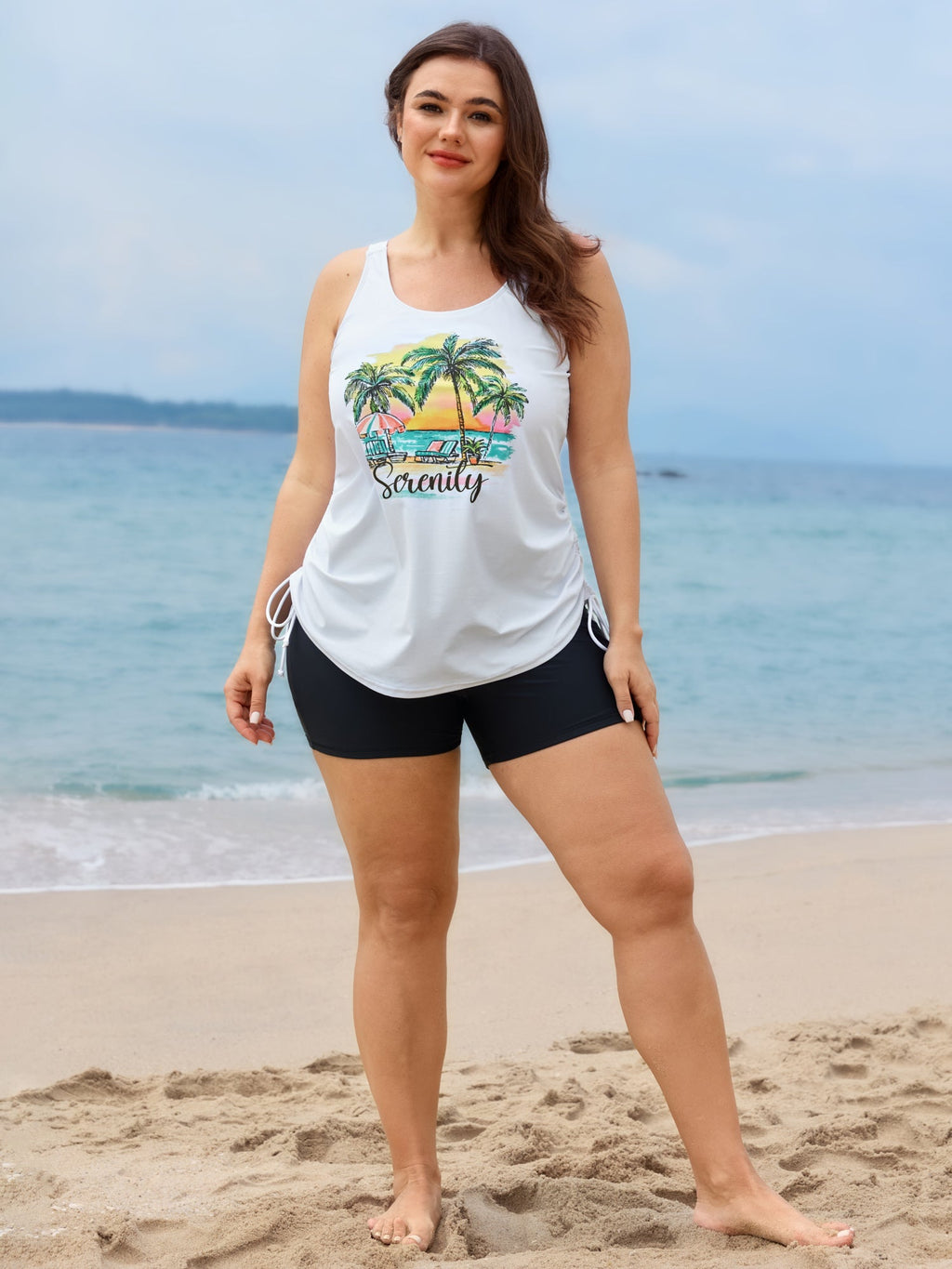 Plus Size Tropical Drawstring Swim Top