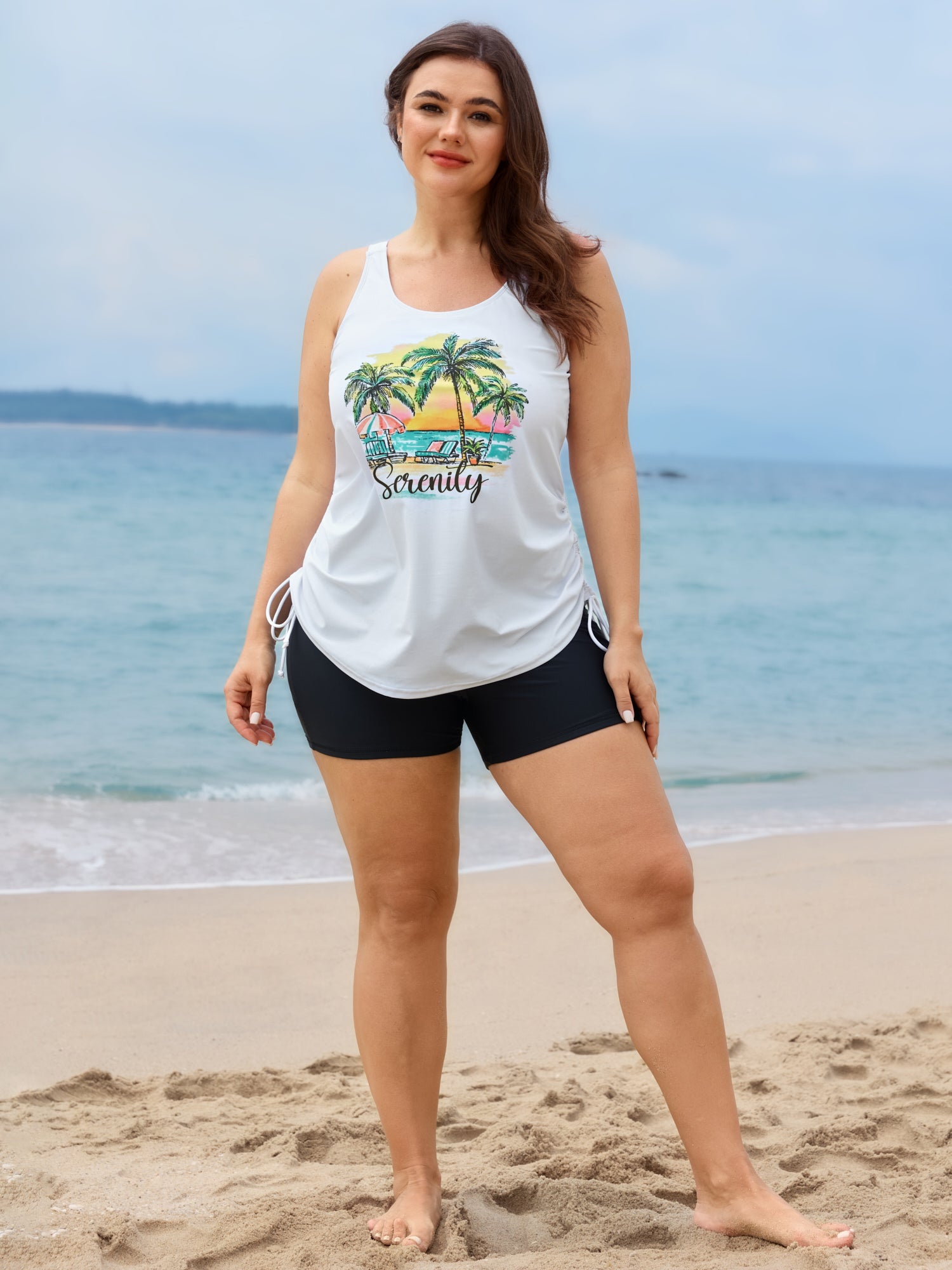 Plus Size Tropical Drawstring Swim Top