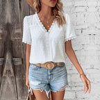 Women's Lace V-Neck Short-Sleeve Blouse – Pink