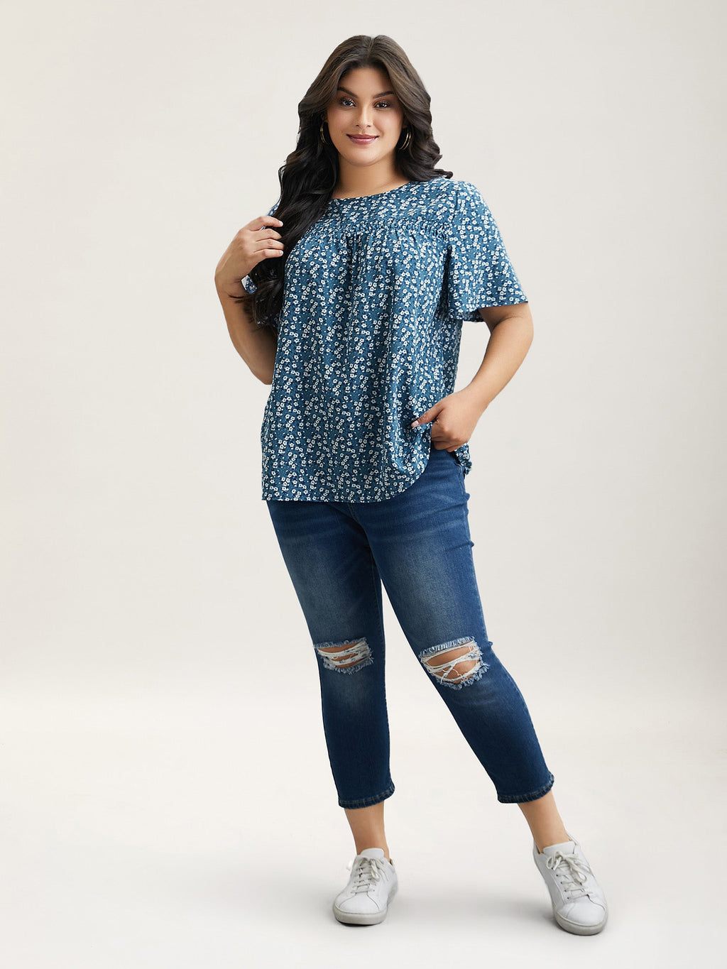 Plus Size Floral Ruffle-Sleeve Blouse