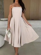Women's Strapless Ruched Midi Dress – Beige