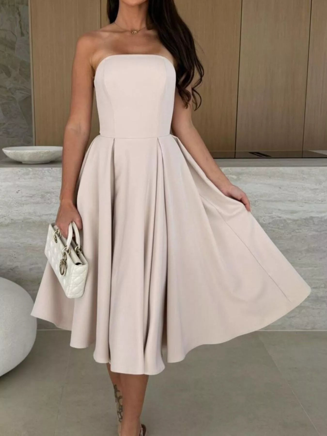 Women's Strapless Ruched Midi Dress – Beige