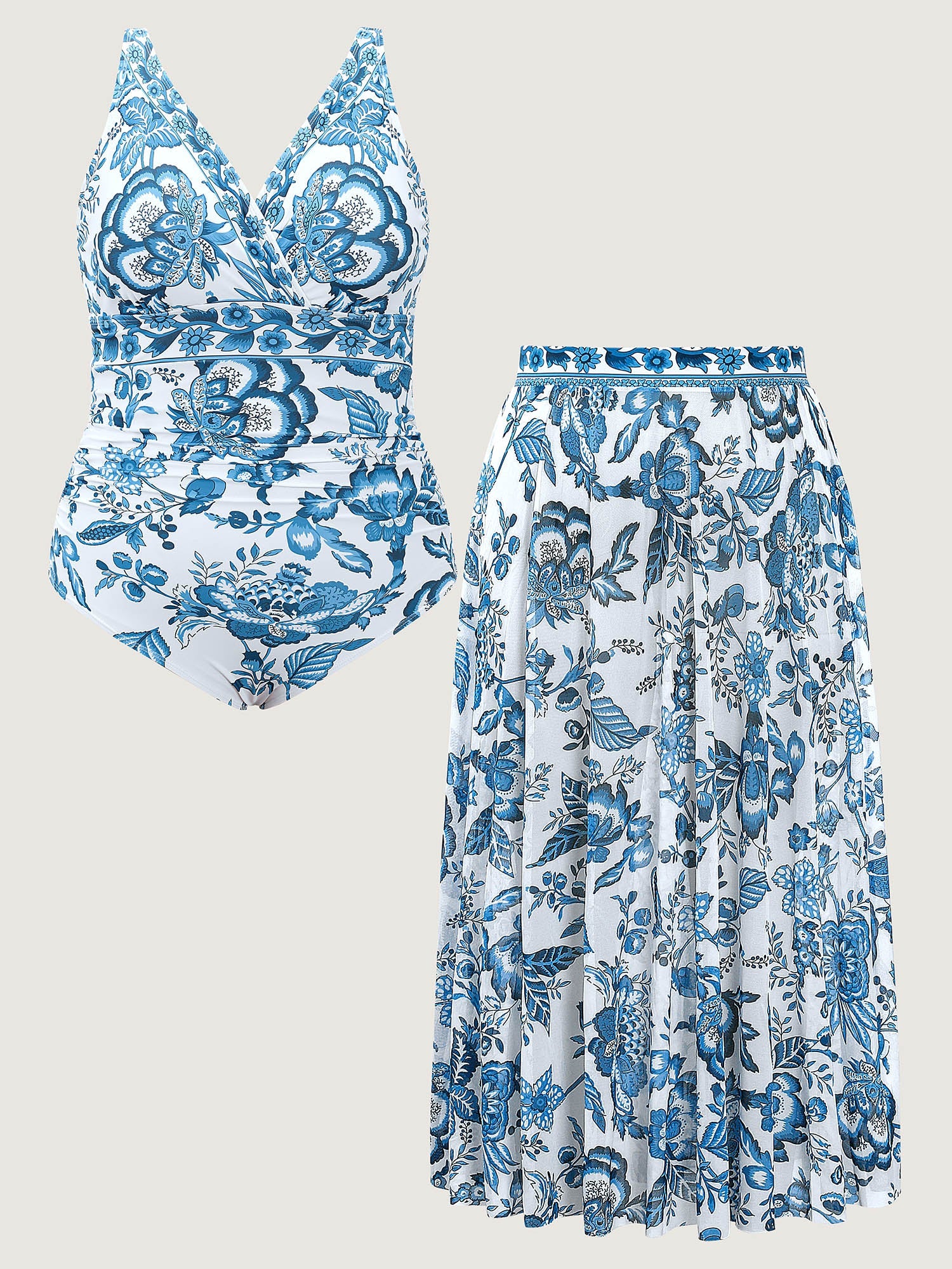 Plus Size Floral Swimsuit & Mesh Sarong Set