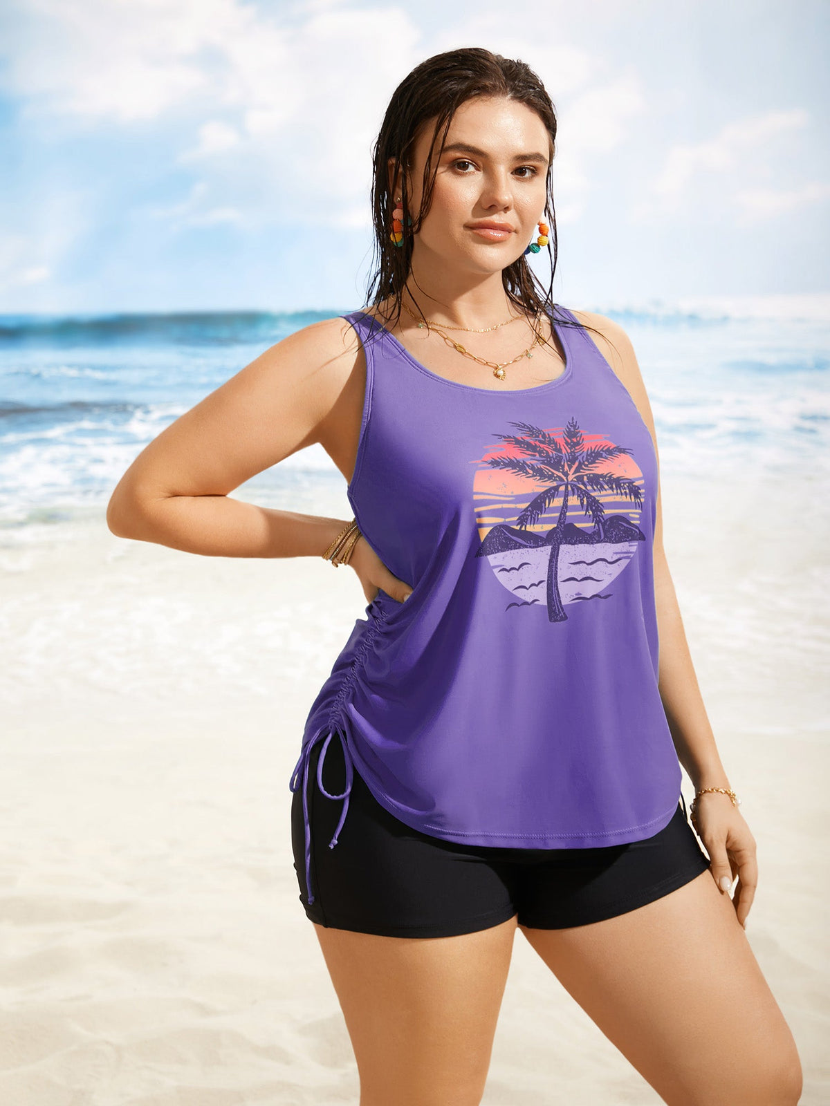 Plus Size Tropical Drawstring Swim Top