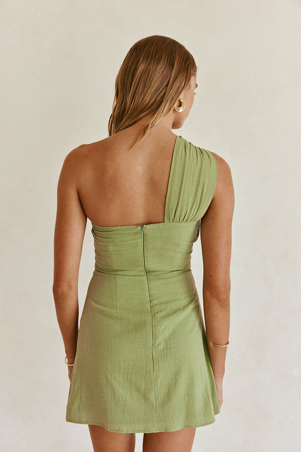 One-Shoulder Cotton Mini Dress — Green