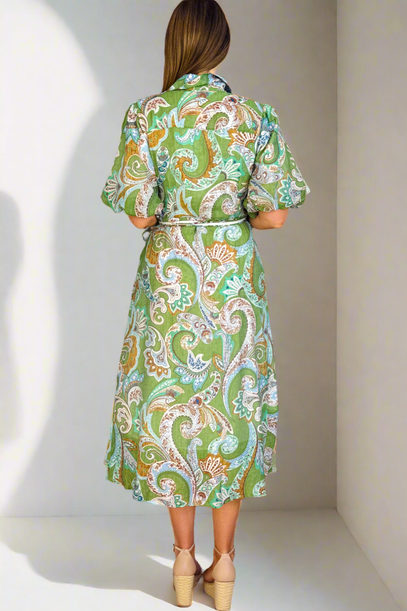 Leah Paisley Midi Shirt Dress – Green by Aurelia Sun