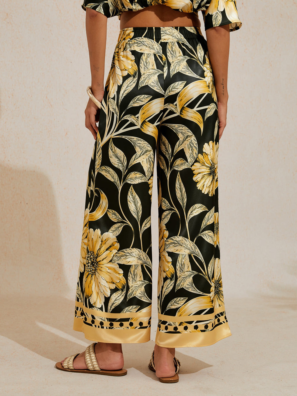 Golden Petal Satin Wide-Leg Pants by Aurelia Sun