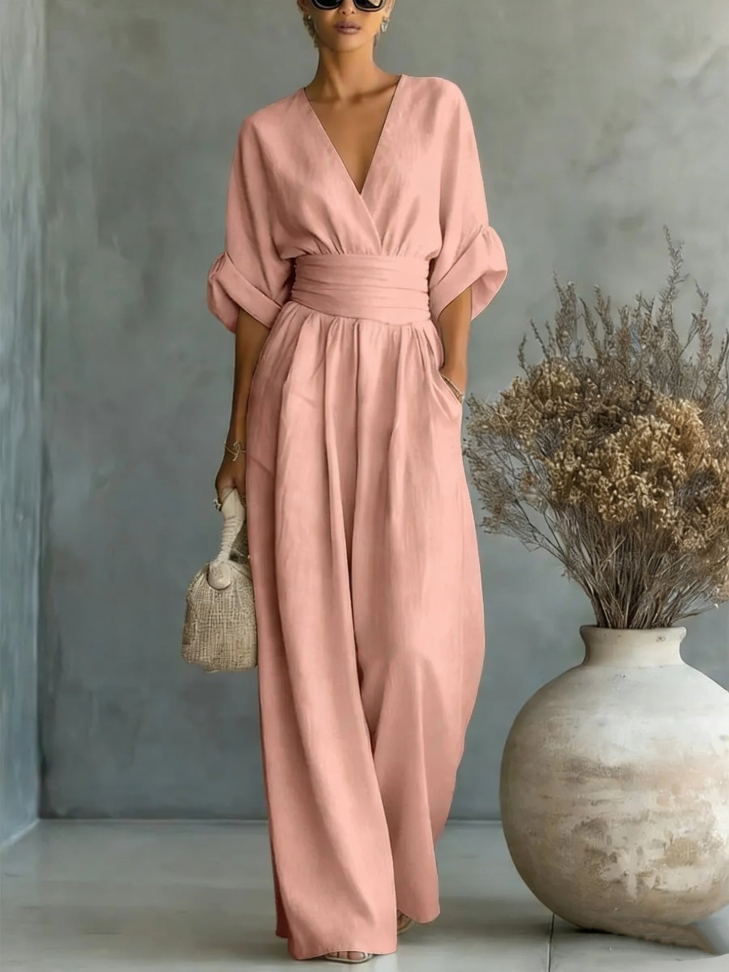 Women's V-Neck Wide-Leg Jumpsuit – White
