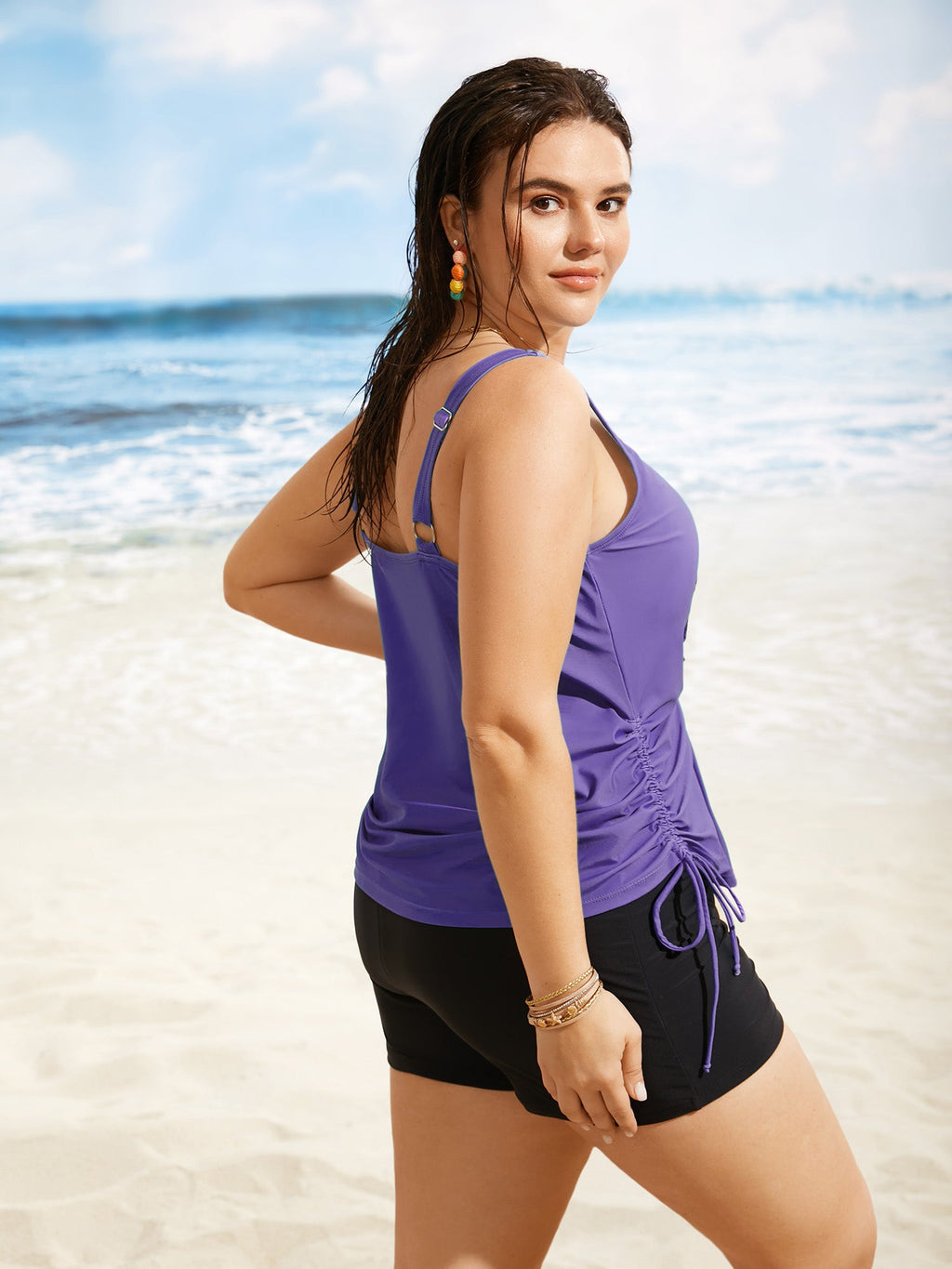 Plus Size Tropical Drawstring Swim Top
