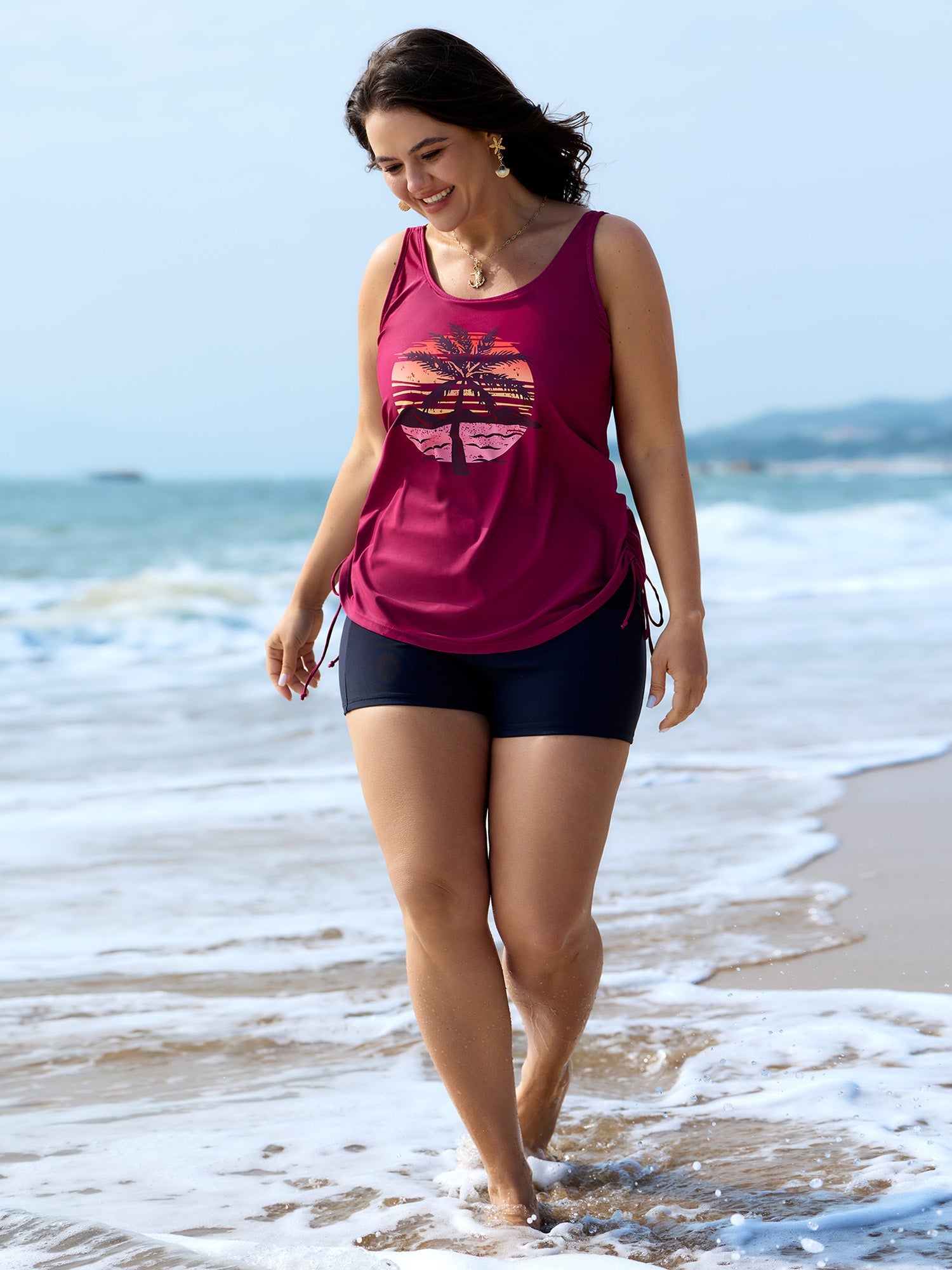 Plus Size Tropical Drawstring Swim Top