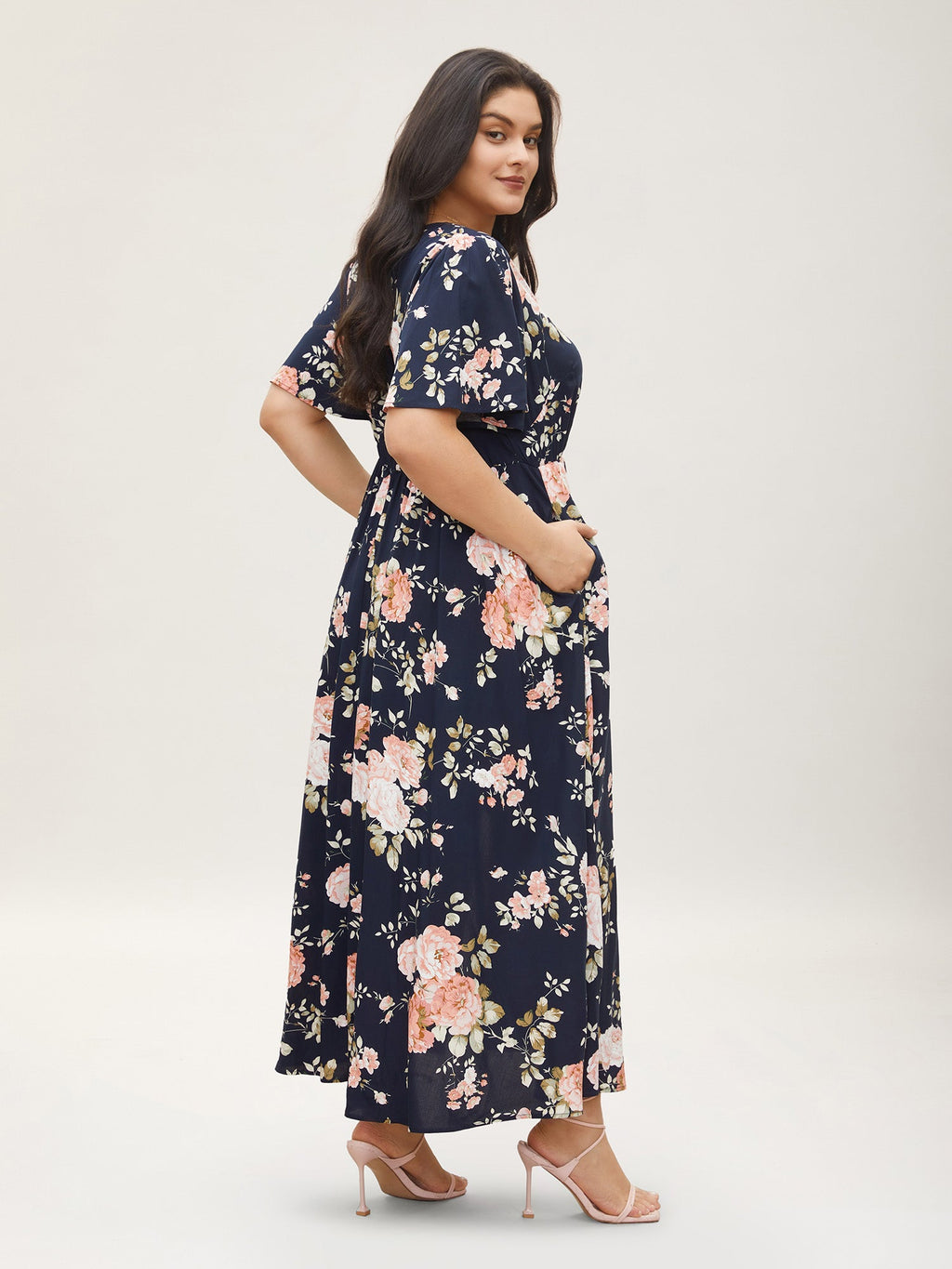 Plus Size Ditsy Floral Flutter-Sleeve Maxi Dress