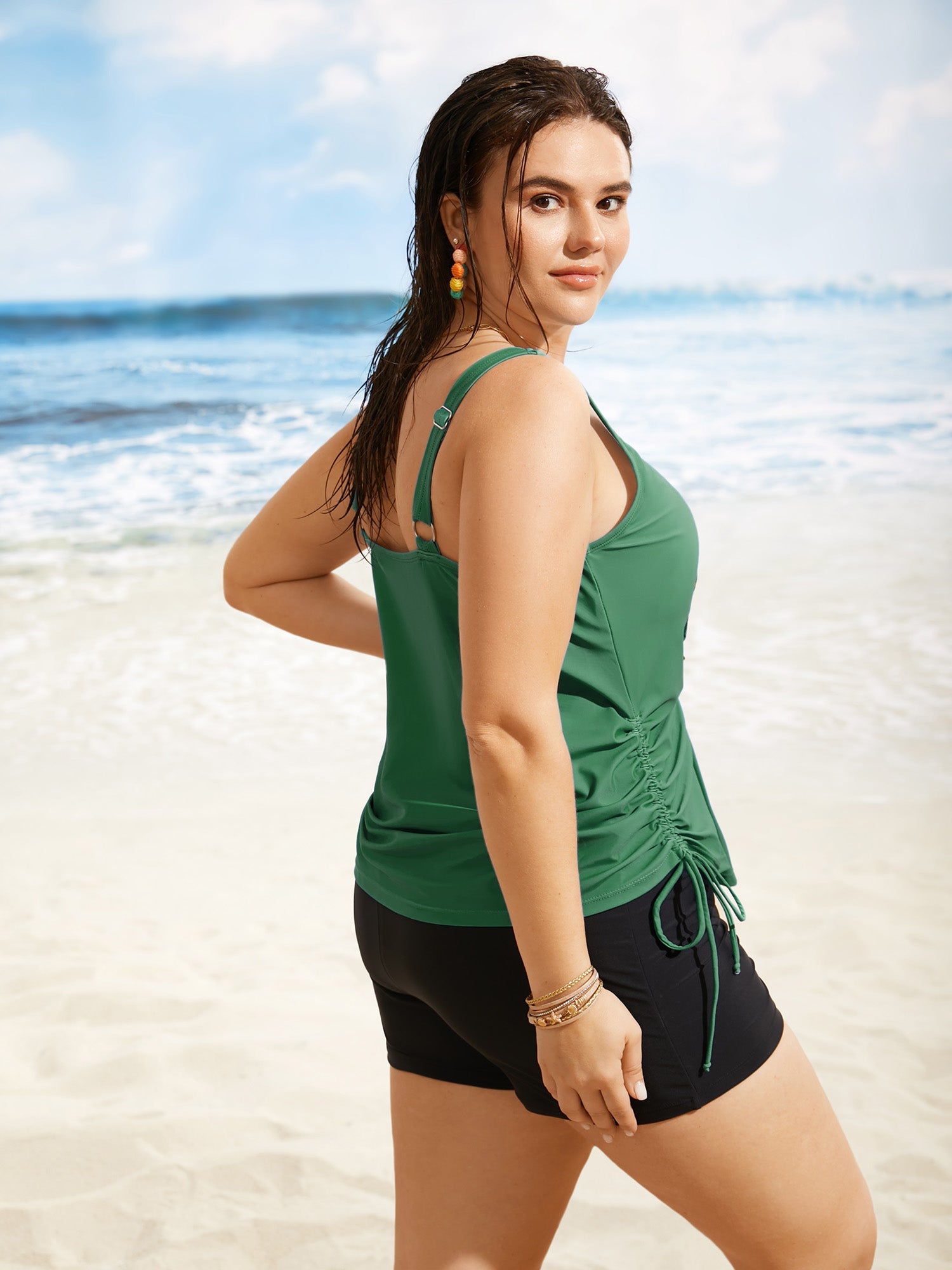 Plus Size Tropical Drawstring Swim Top