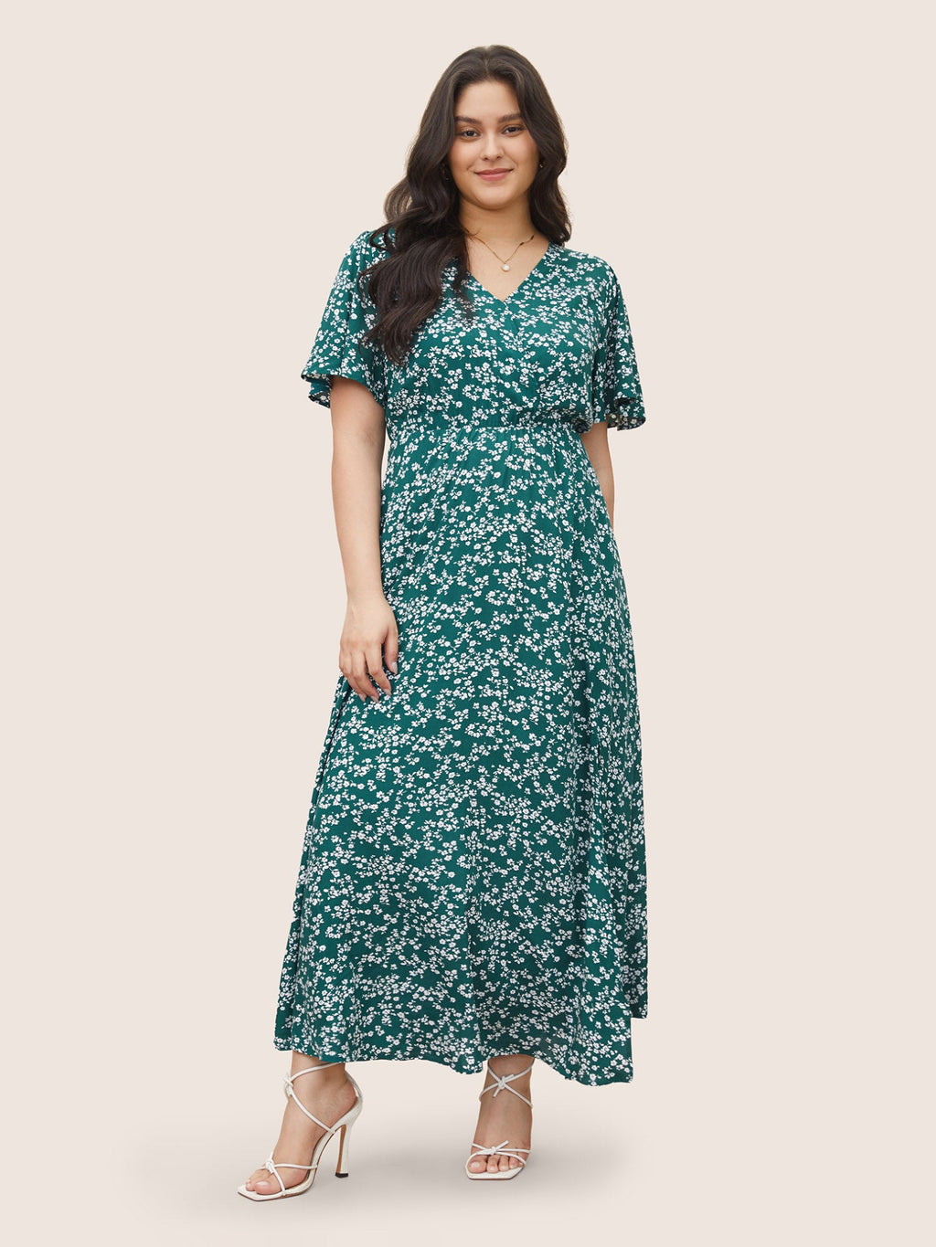 Plus Size Ditsy Floral Flutter-Sleeve Maxi Dress